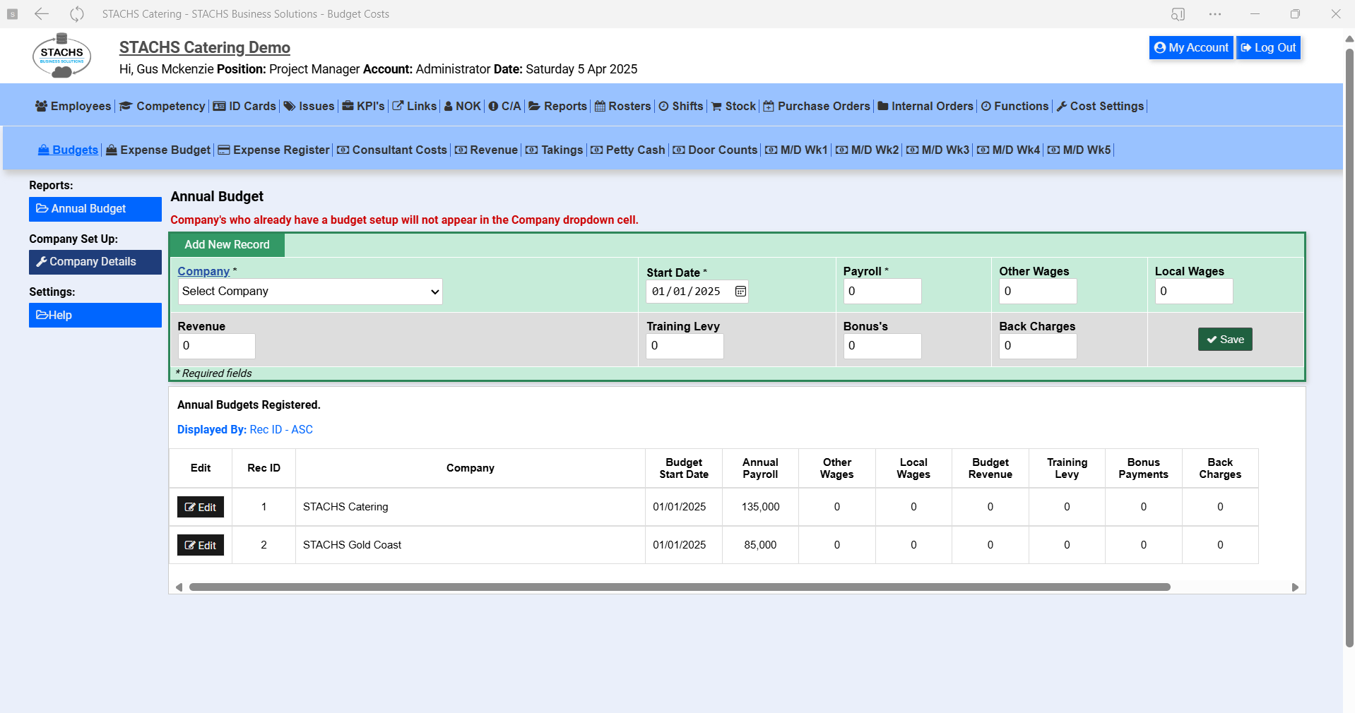 STACHS Cost Settings Module